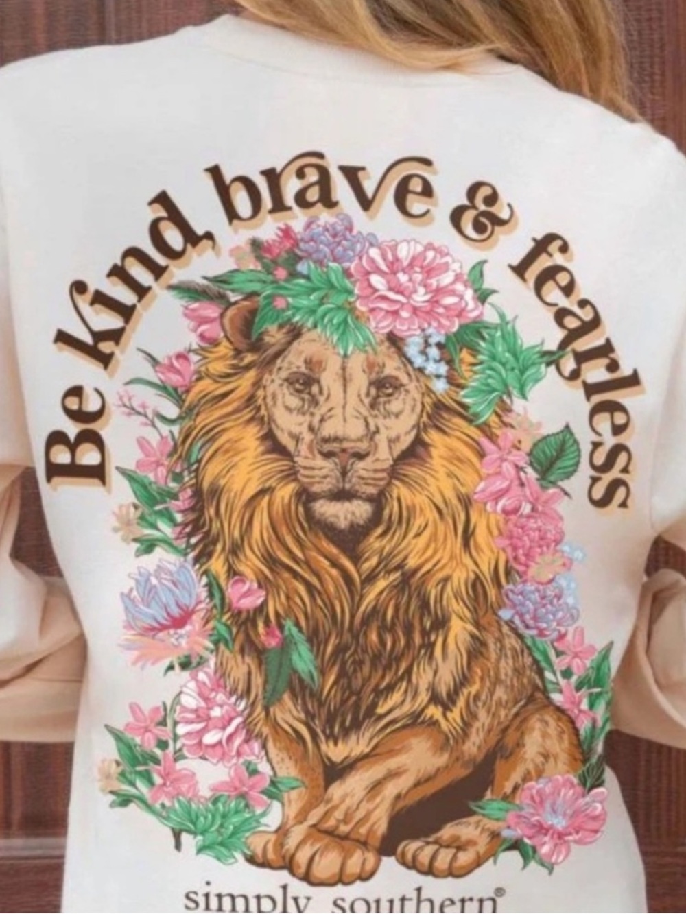 Simply Southern 100% Cotton Cream Flower lion Graphic Long Sleeve Tee